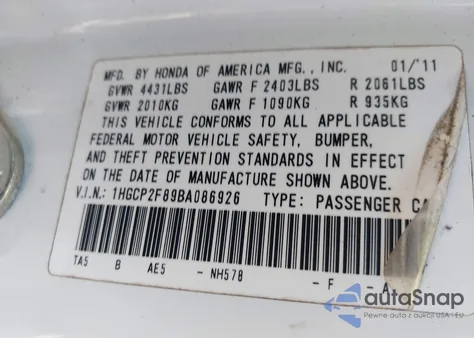 2011 Honda Accord 2.4 Ex-L from USA, damaged, VIN 1HGCP2F89BA086926